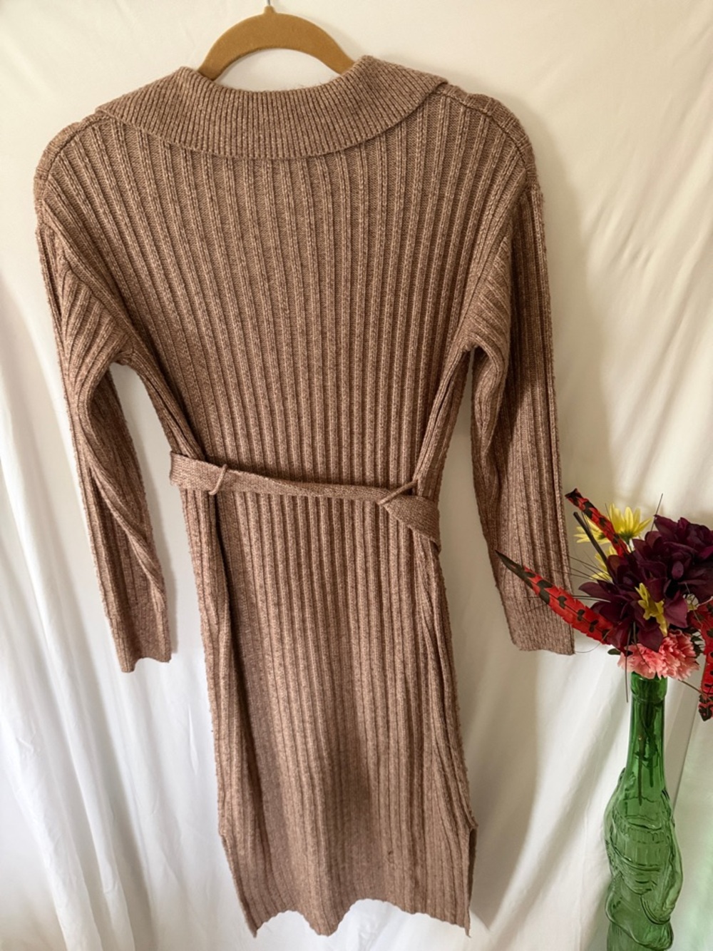 Tahari Taupe Ribbed Knit Wrap Dress with Collar - Picture 3 of 3